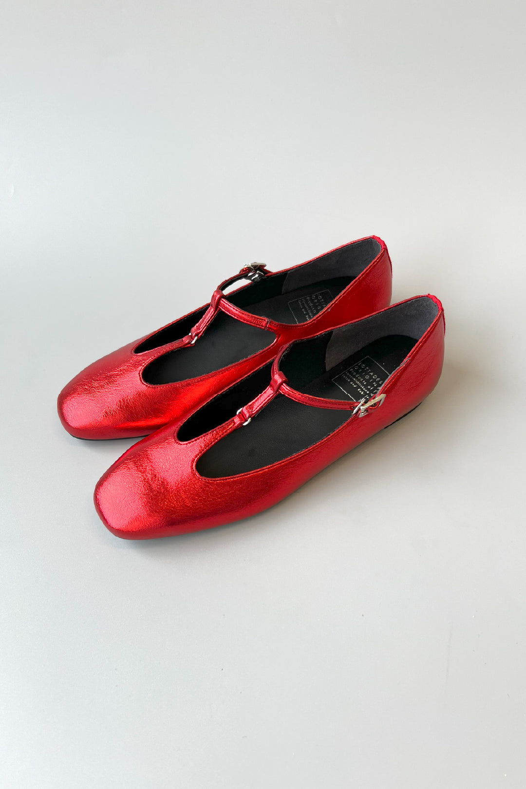 【KATE】T-Strap Flat Shoes, Square Toe, All-Weather Use ■Black E/Silver
